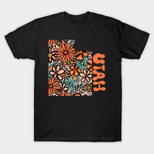 Utah State Design | Artist Designed Illustration Featuring Utah State Filled With Retro Flowers with Retro Hand-Lettering T-Shirt